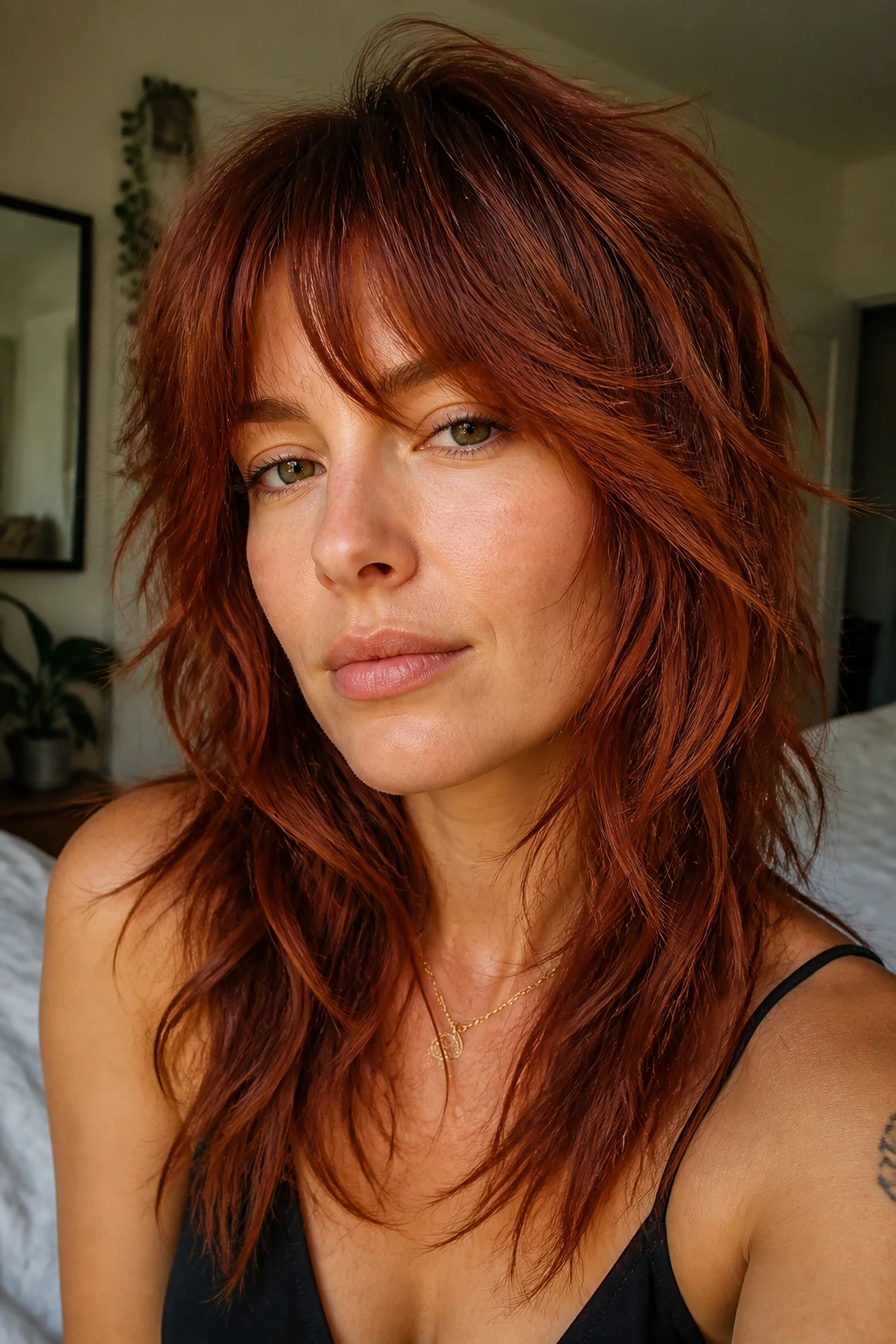 Close-up of a real woman with burnt sienna shag featuring curtain bangs and layered texture.