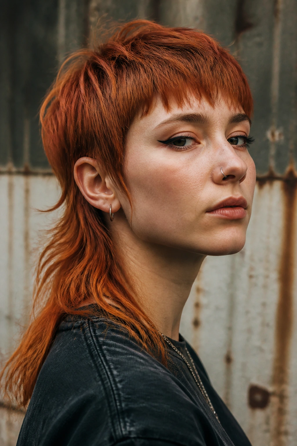 Close-up of burnt sienna mullet on a real person