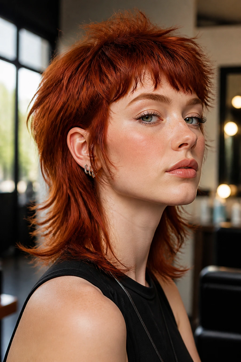 Close-up of a real person with burnt sienna razor-cut mullet