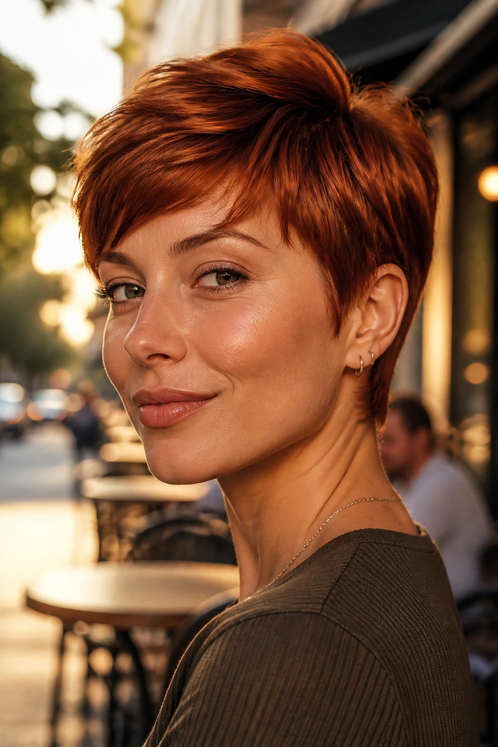 Close-up of a real woman with burnt sienna glossy pixie