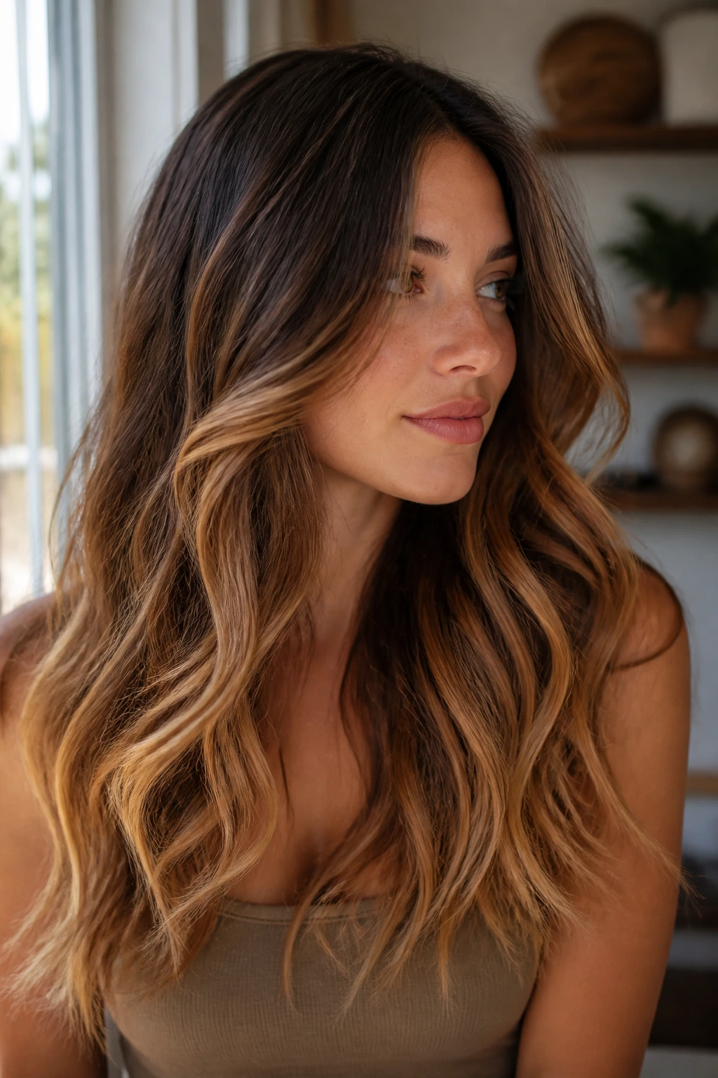 Portrait of a woman with burnt sugar balayage caramel tones and soft waves.