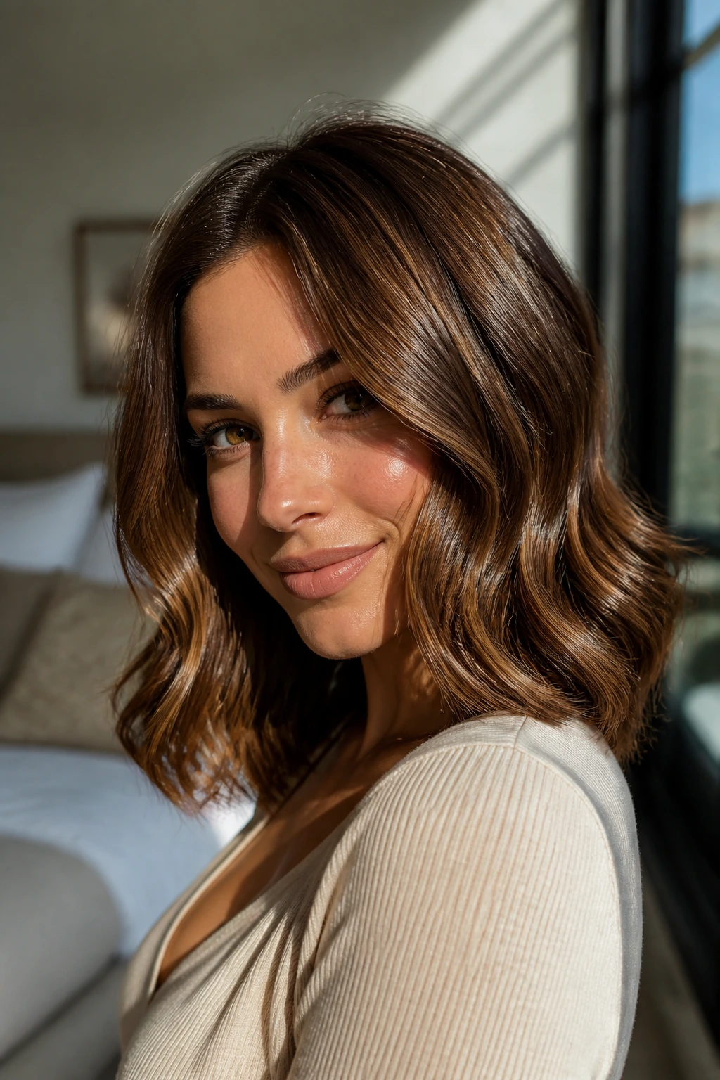 Close-up portrait of burnt sugar brown hair with glossy waves on a real person