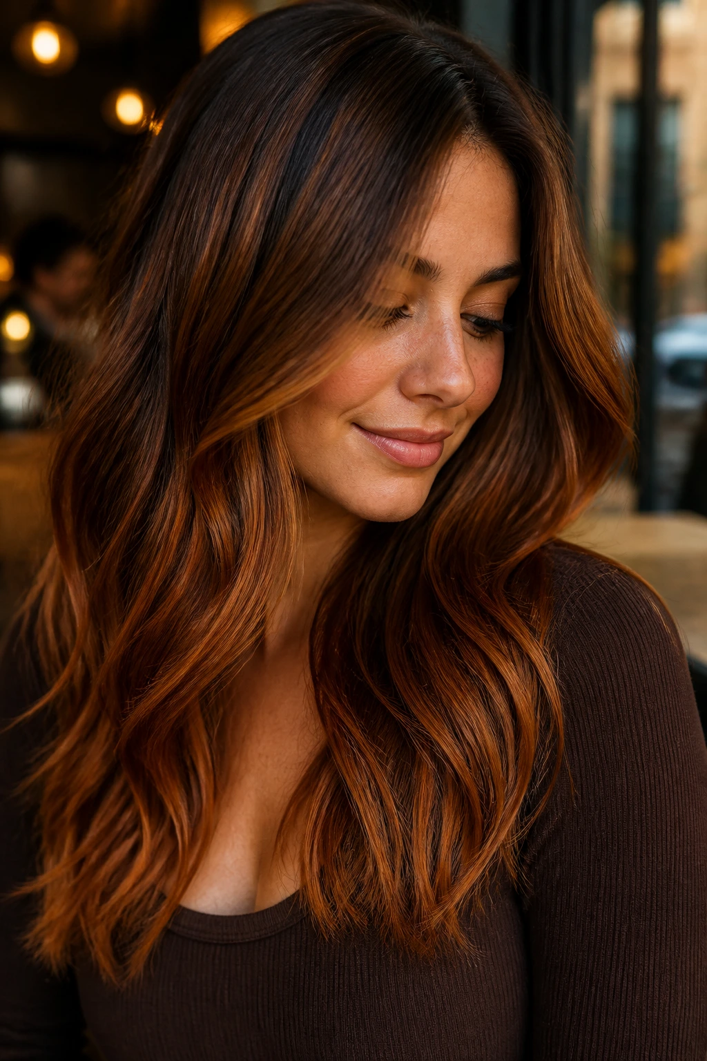 Close-up portrait of a real woman with burnt sugar brown hair