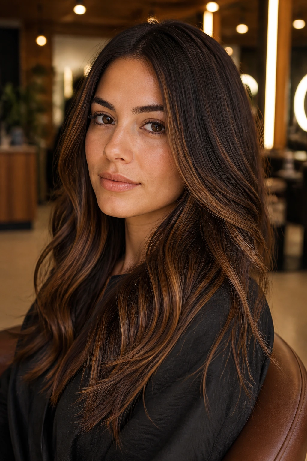 Close-up of real woman with burnt sugar brunette hair and amber reflections.