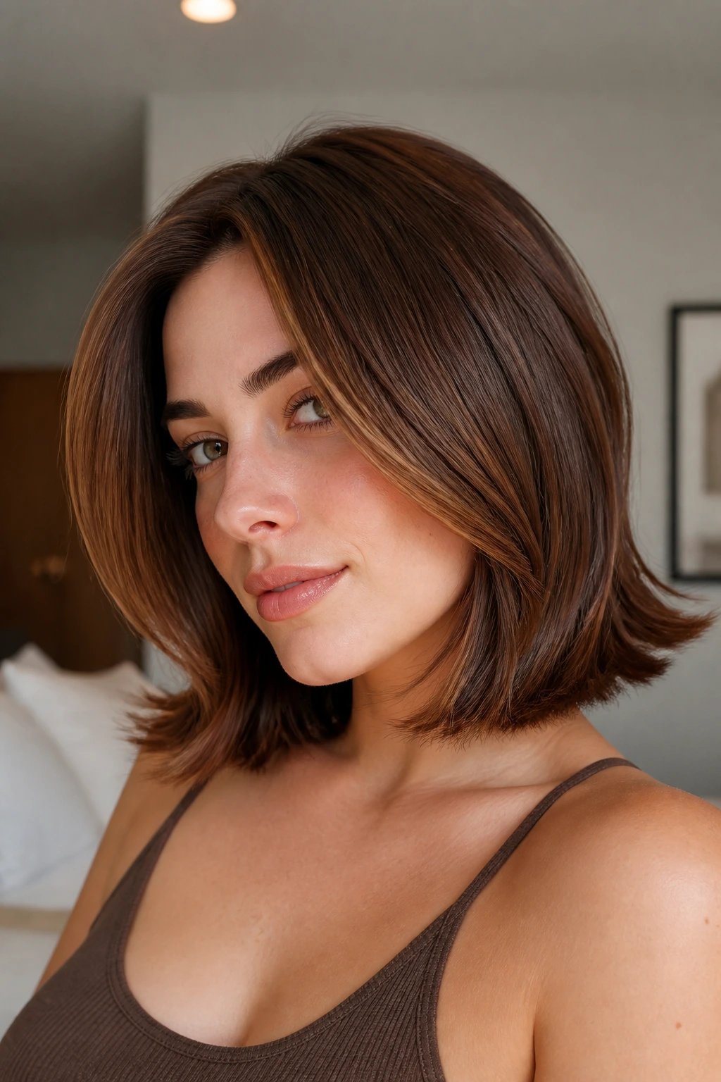 Close-up of a real woman with a burnt sugar brown lob featuring flicked-out ends and glossy shine.