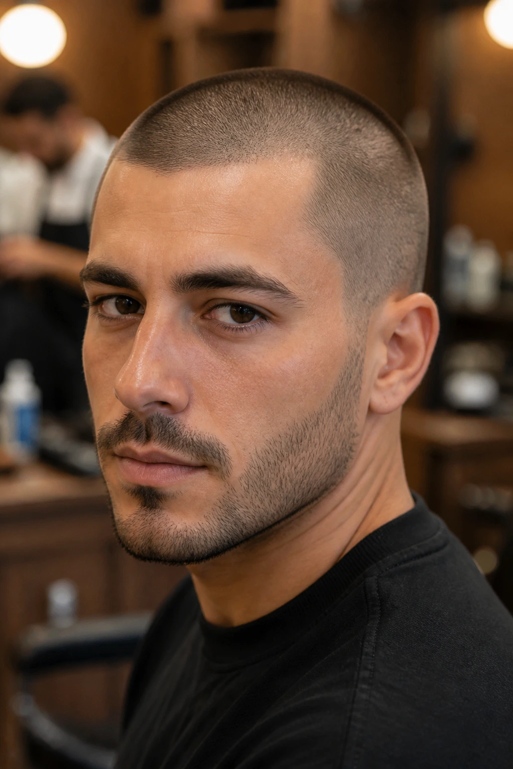 Close-up of a man with a burr cut in a barbershop