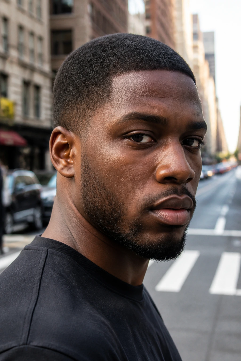 Close-up of a Black man with a burr cut showing velvet texture