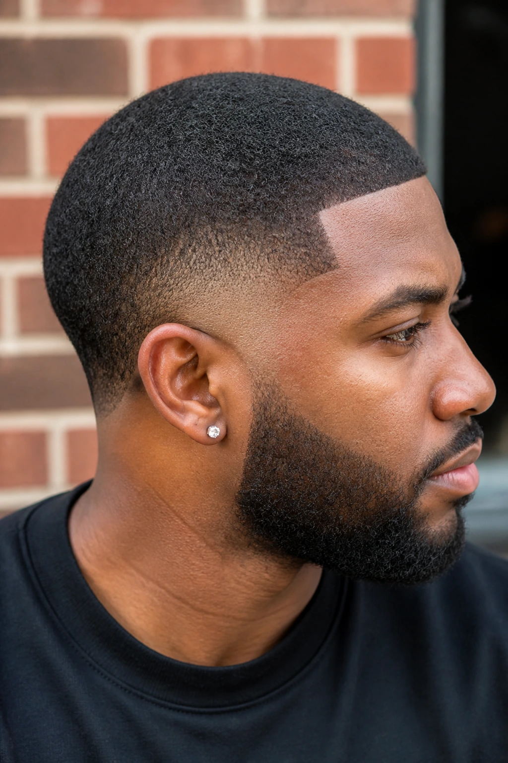 Close-up portrait of a Black man with burst fade buzz around the ear.