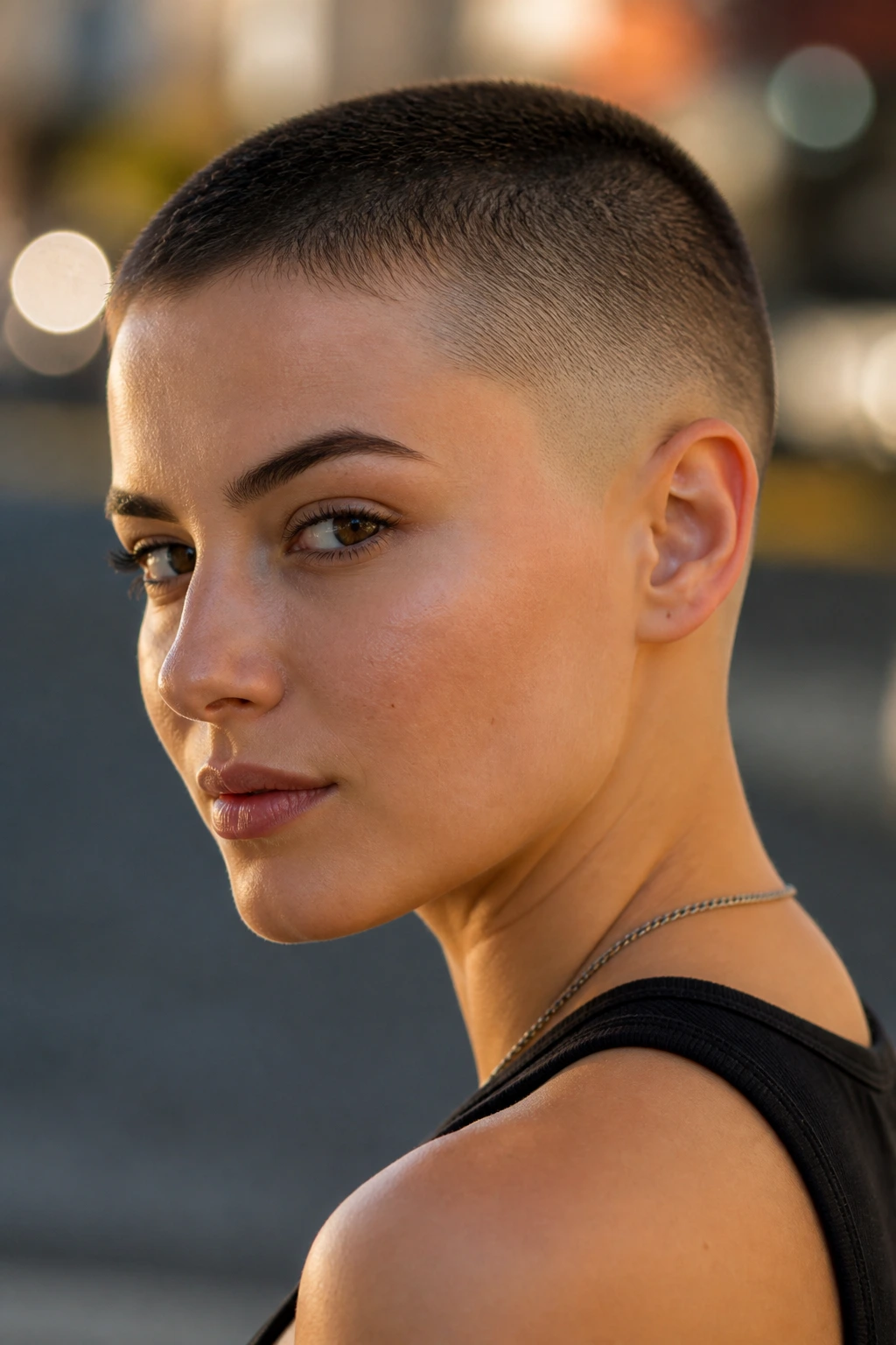 Close-up portrait of a real woman with a burst fade buzz around the ear