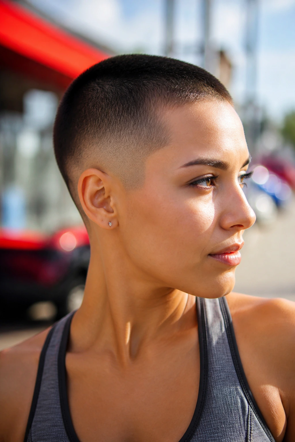 Close-up portrait of a real woman with a burst fade buzz cut on a bright street