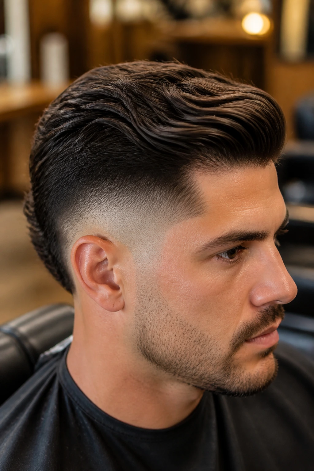 Man with burst fade comb over hairstyle in barbershop