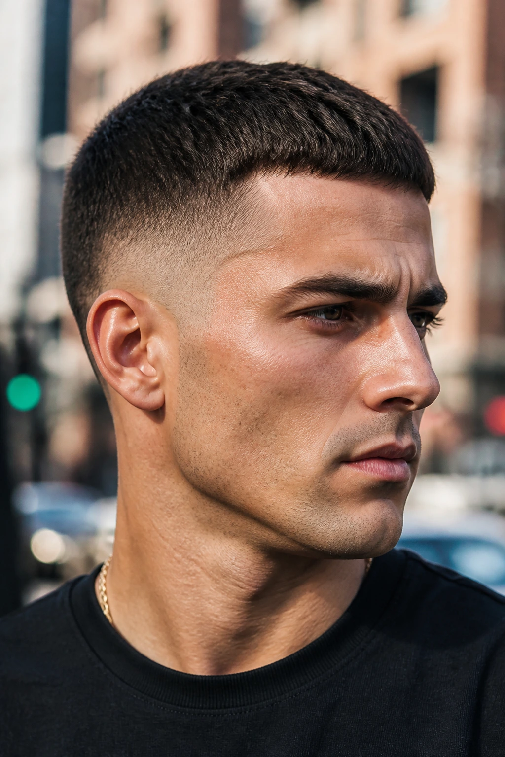 Portrait of a man with a burst fade crew cut on a city street