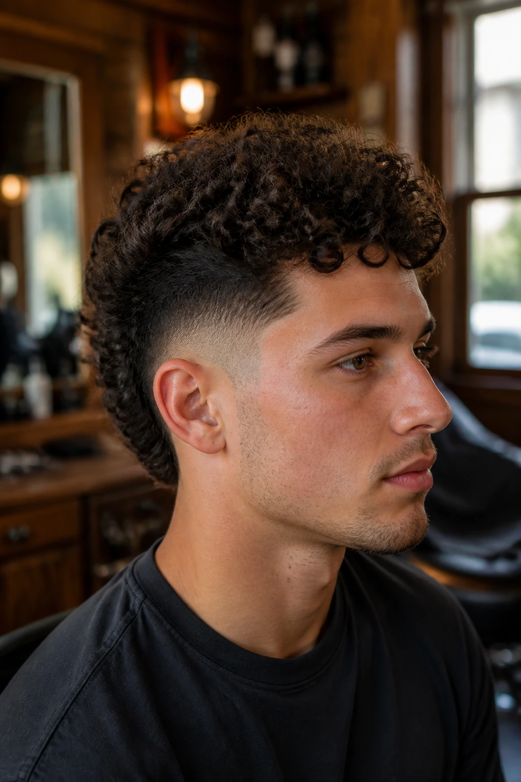 Close-up portrait of a man with a burst fade and short curls in a barbershop setting