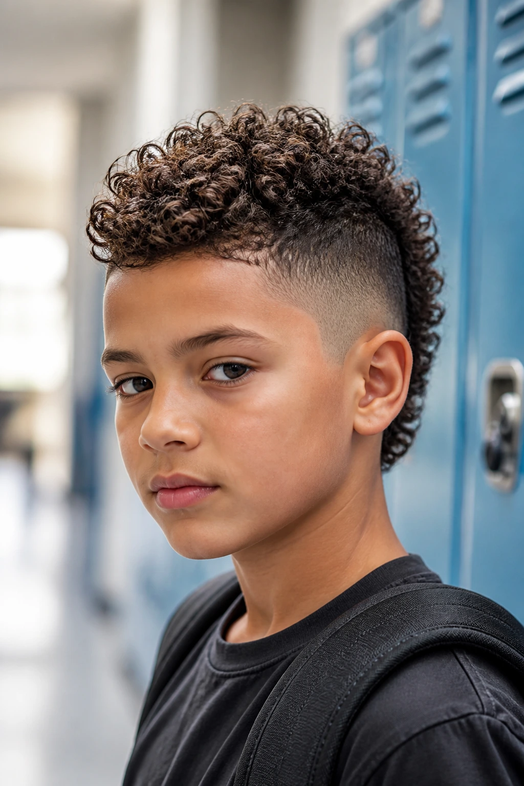 Close-up of a real schoolboy with a burst fade curly mohawk in a school hallway
