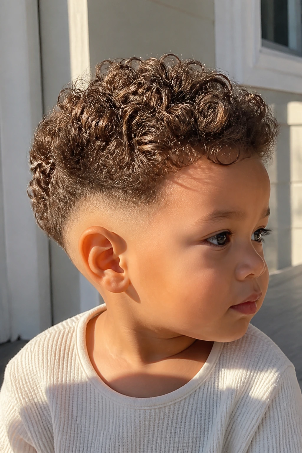 Close-up of real toddler boy with burst fade and curly top