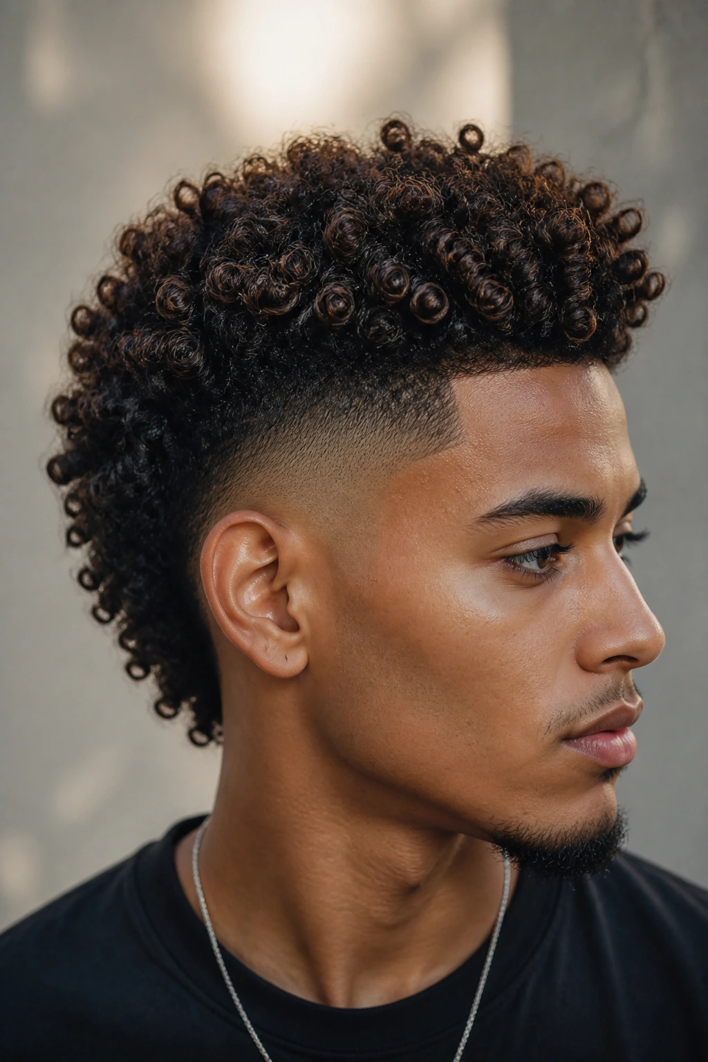 Close-up of a real person with a burst fade curly mohawk