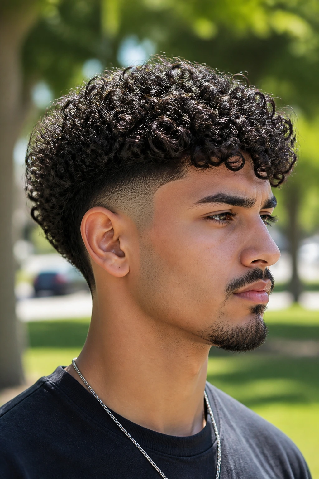 Close-up of man with burst fade curly top outdoors