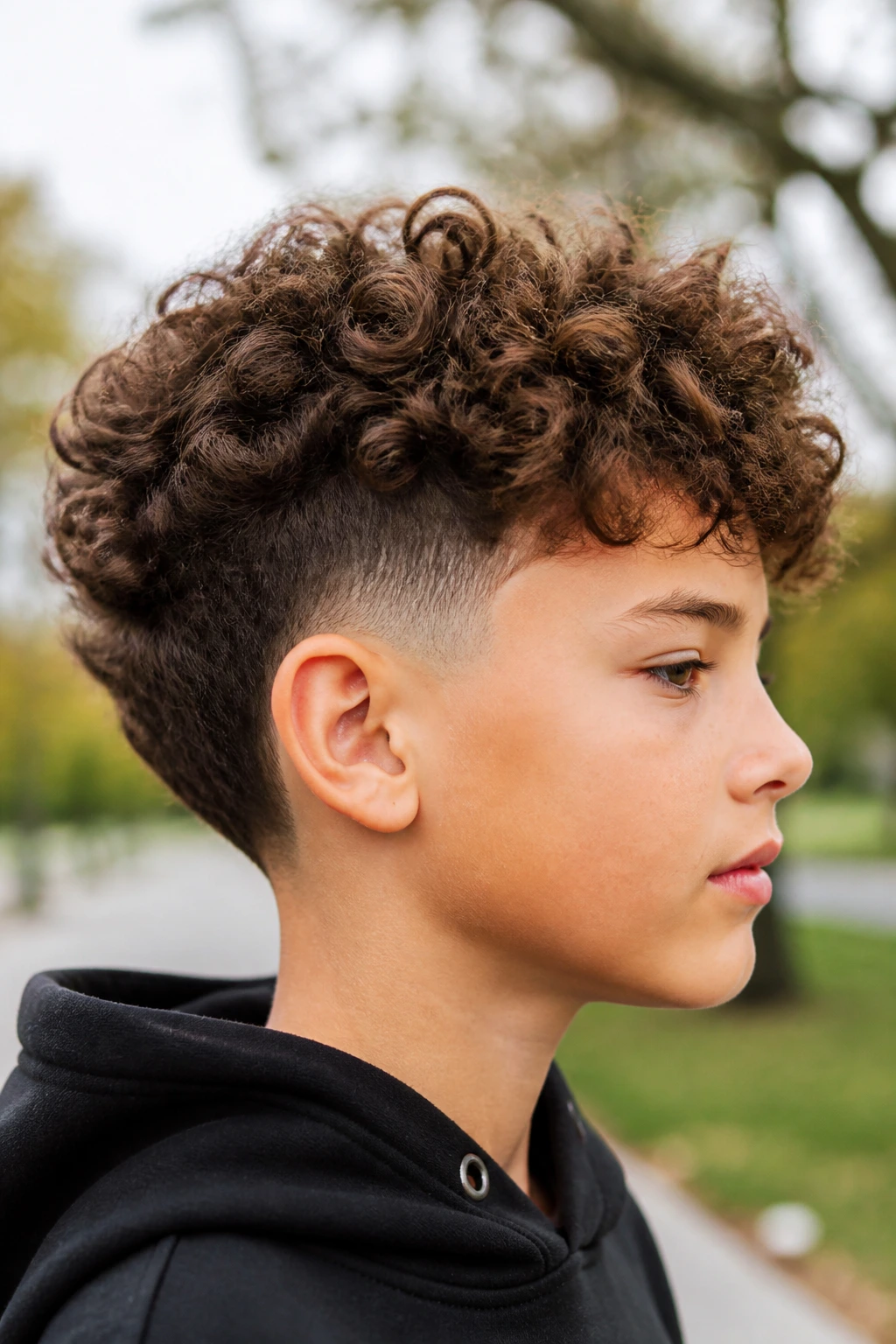 Boy with burst fade curly top outdoors
