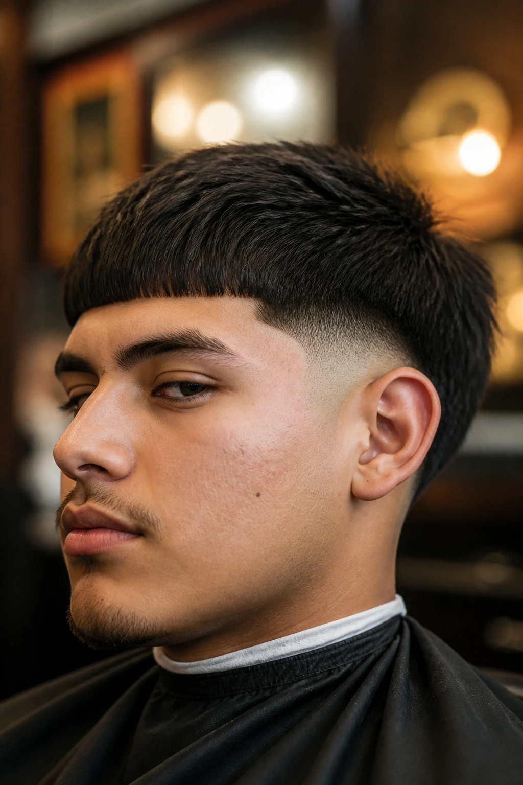 Portrait of a man with Burst Fade Edgar Cut showing arc around ear and blunt fringe.