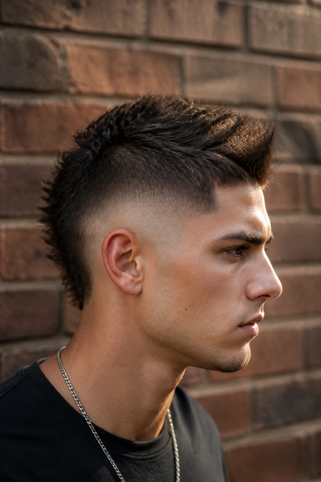 Man with burst fade and faux hawk center ridge.