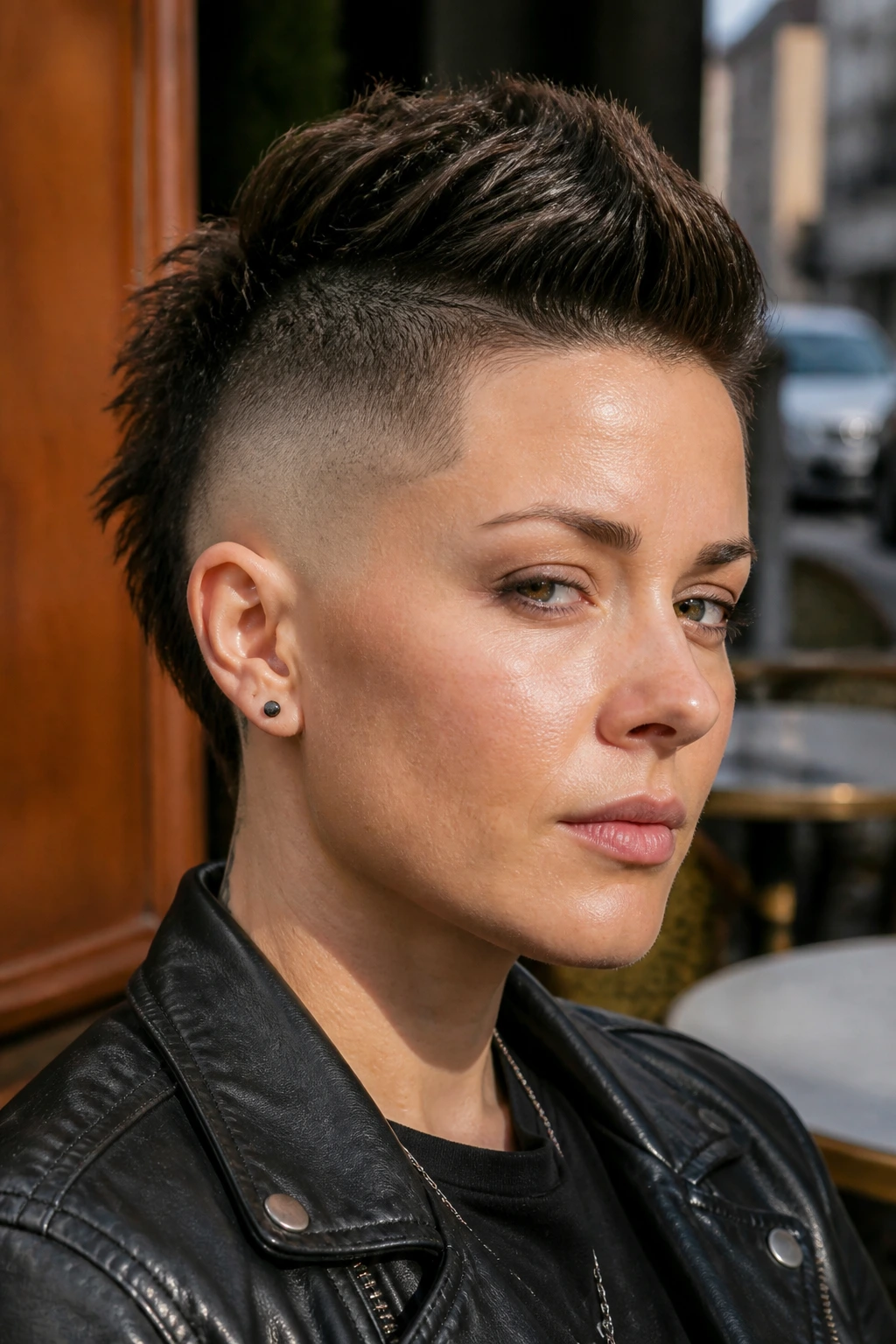 Real person sporting a burst fade faux hawk in an outdoor setting.