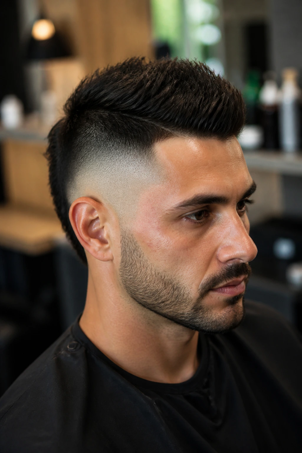 Close-up portrait of a man with Burst Fade with Short Faux Hawk, ears fade, center strip visible