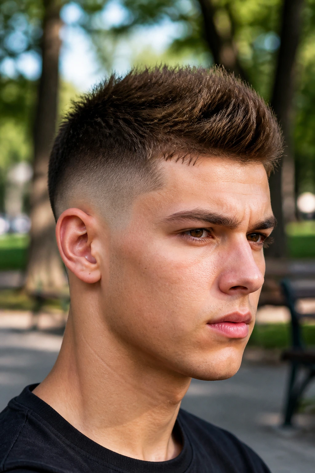 Close-up of a real person with burst fade faux hawk