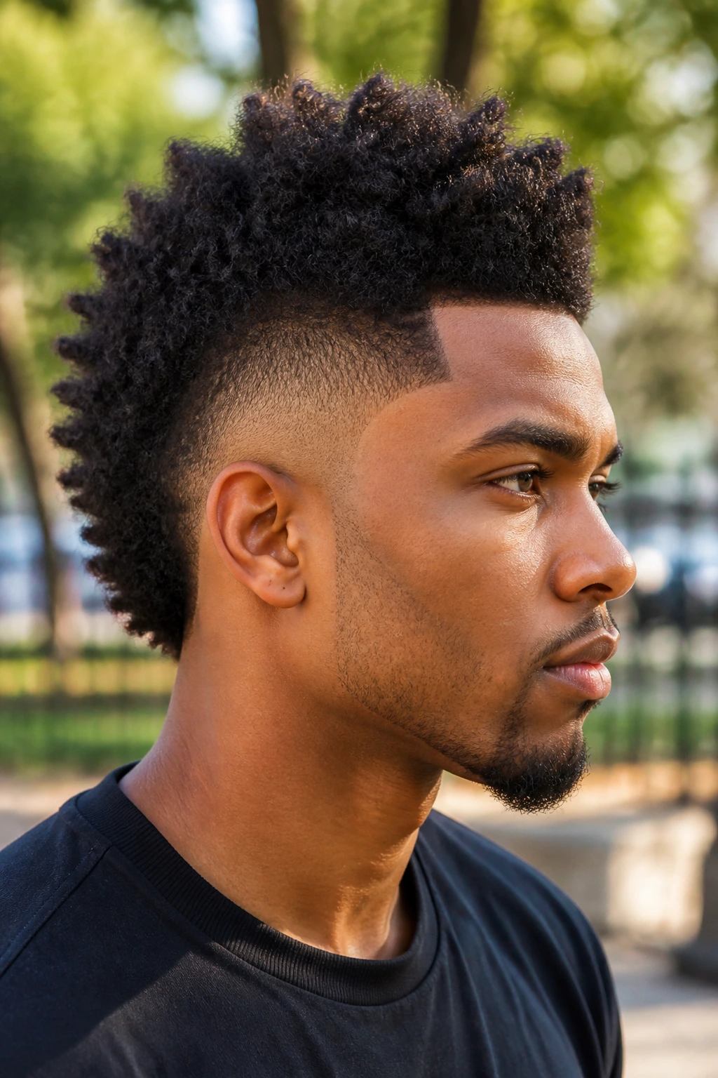 Portrait of a person with burst-fade frohawk and curved sides