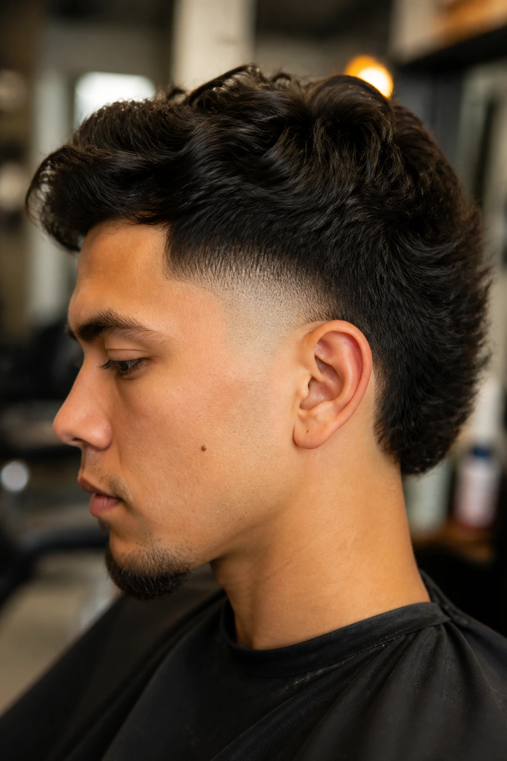 Close-up portrait of a man with Burst Fade hairstyle in a warm barbershop setting