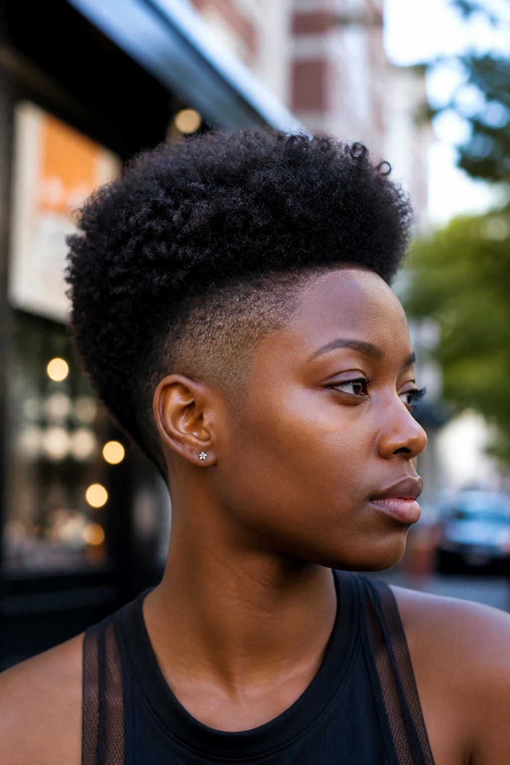 Close-up of a person with burst fade high top on an urban street.