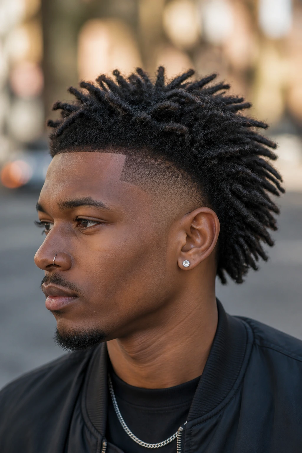 Close-up of a man with burst fade locs curving around the ears in an urban outdoor setting