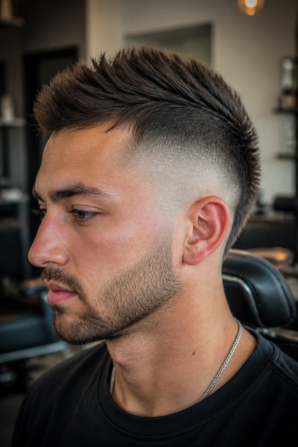 Close-up of a man with burst fade and short mohawk hairstyle in a barbershop