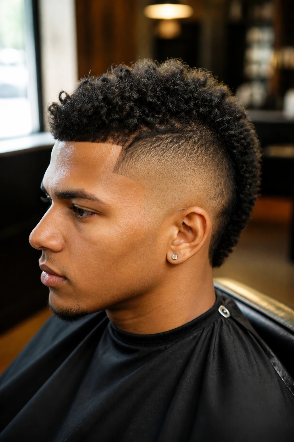 Close-up portrait of a man with Short Burst Fade Mohawk, center ridge visible, burst fade around ears.