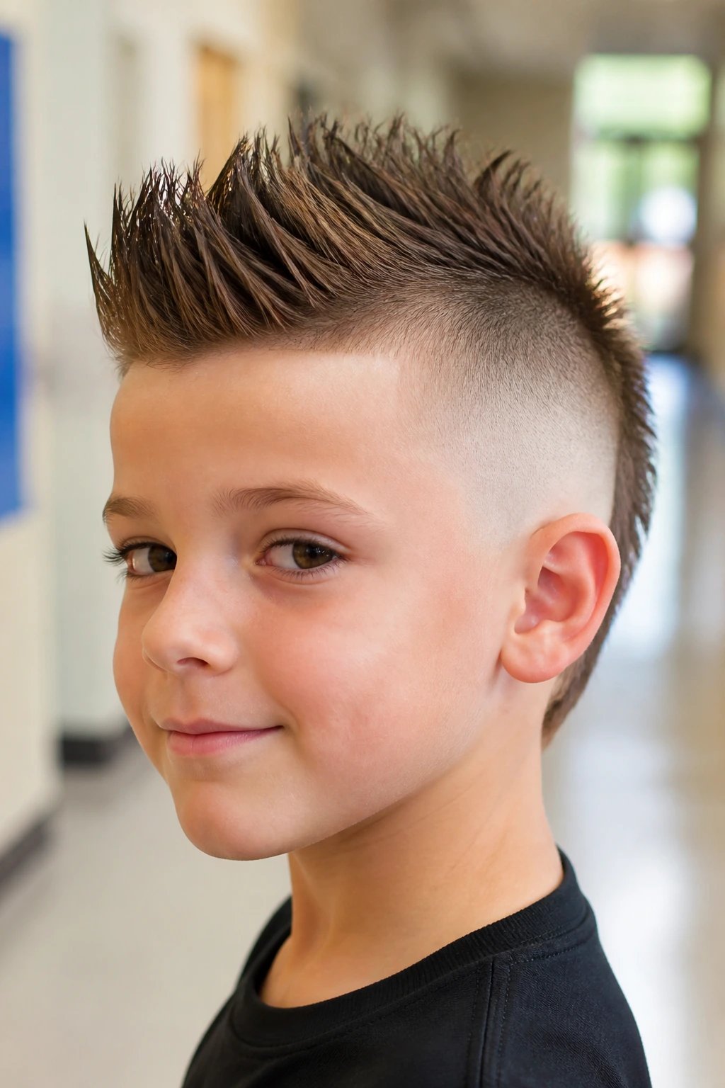 Close-up portrait of a boy with a burst fade mohawk in a bright hallway.