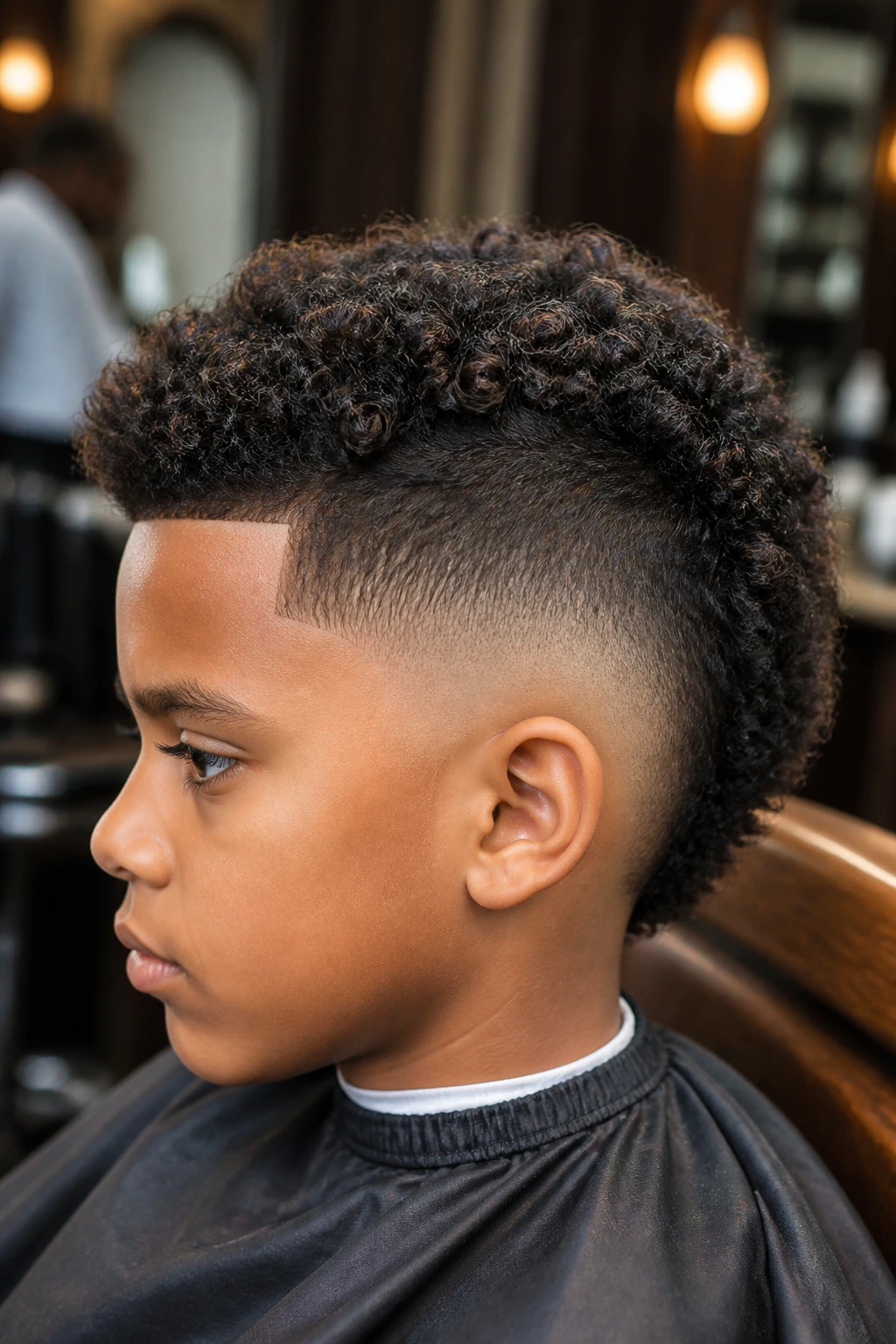 Close-up of a real boy with Burst Fade Mohawk with Defined Curls, center strip 2-4 inches and ear fade