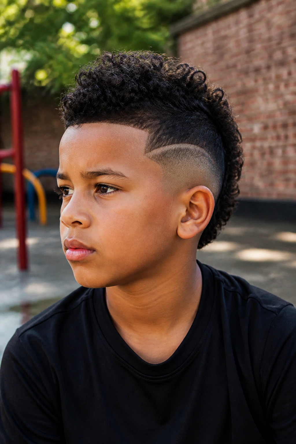 Close-up portrait of a boy with Burst Fade Mohawk and centered curl strip