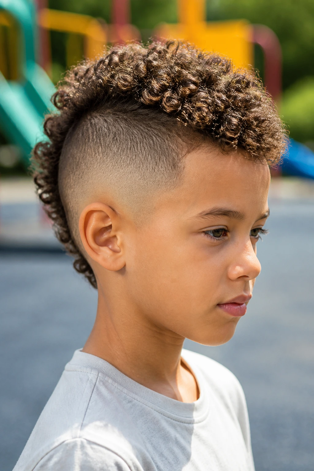 Close-up of a boy with a burst fade mohawk in a playground setting
