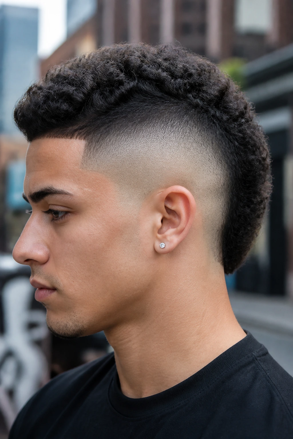 Close-up portrait of a person with a curved burst fade mohawk