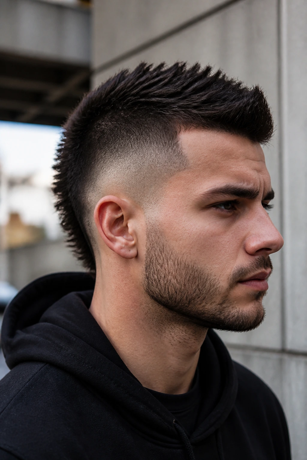 Close-up portrait of a man with a short burst fade mohawk in an urban setting