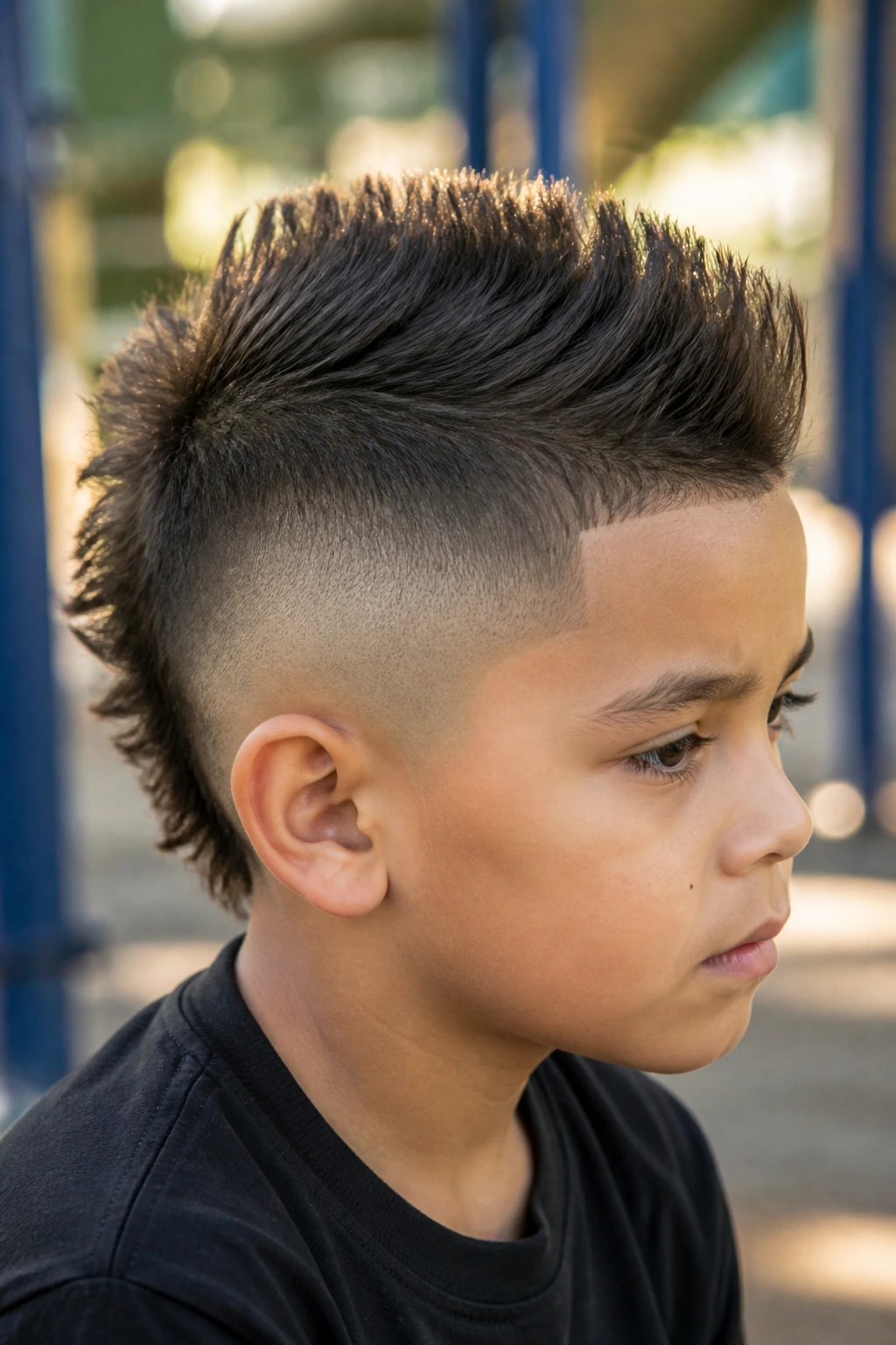 Real boy with burst fade mohawk showing central strip and curved fade