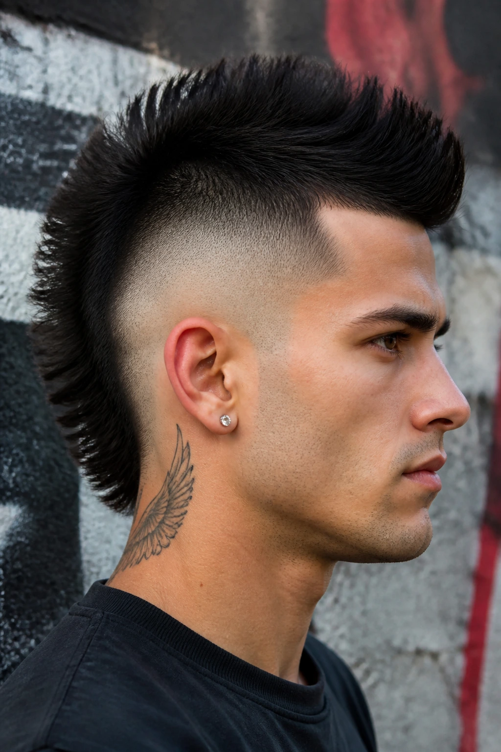 Close-up of man with burst fade mohawk.