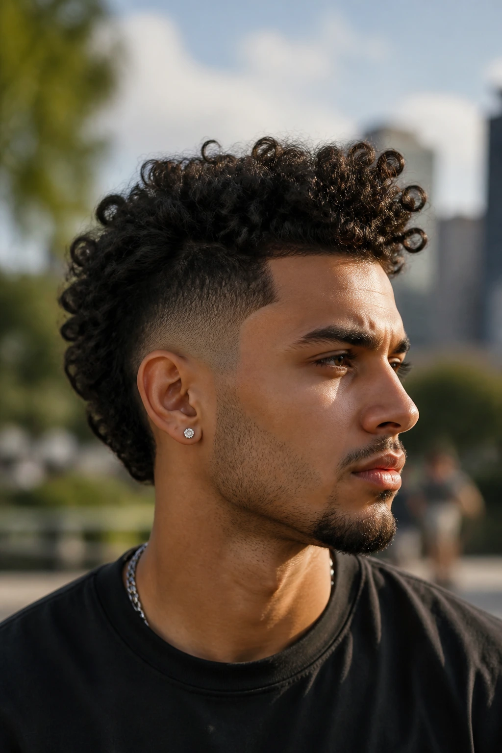 Close-up of a man with burst fade curly mohawk in an urban park