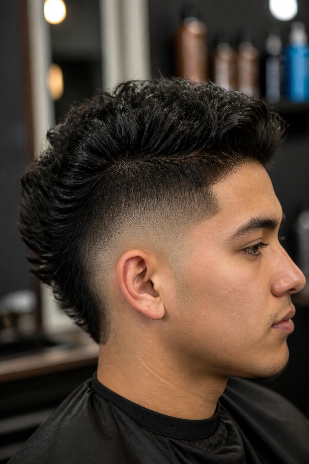 Close-up portrait of a man with burst fade mohawk and curved ear fade.