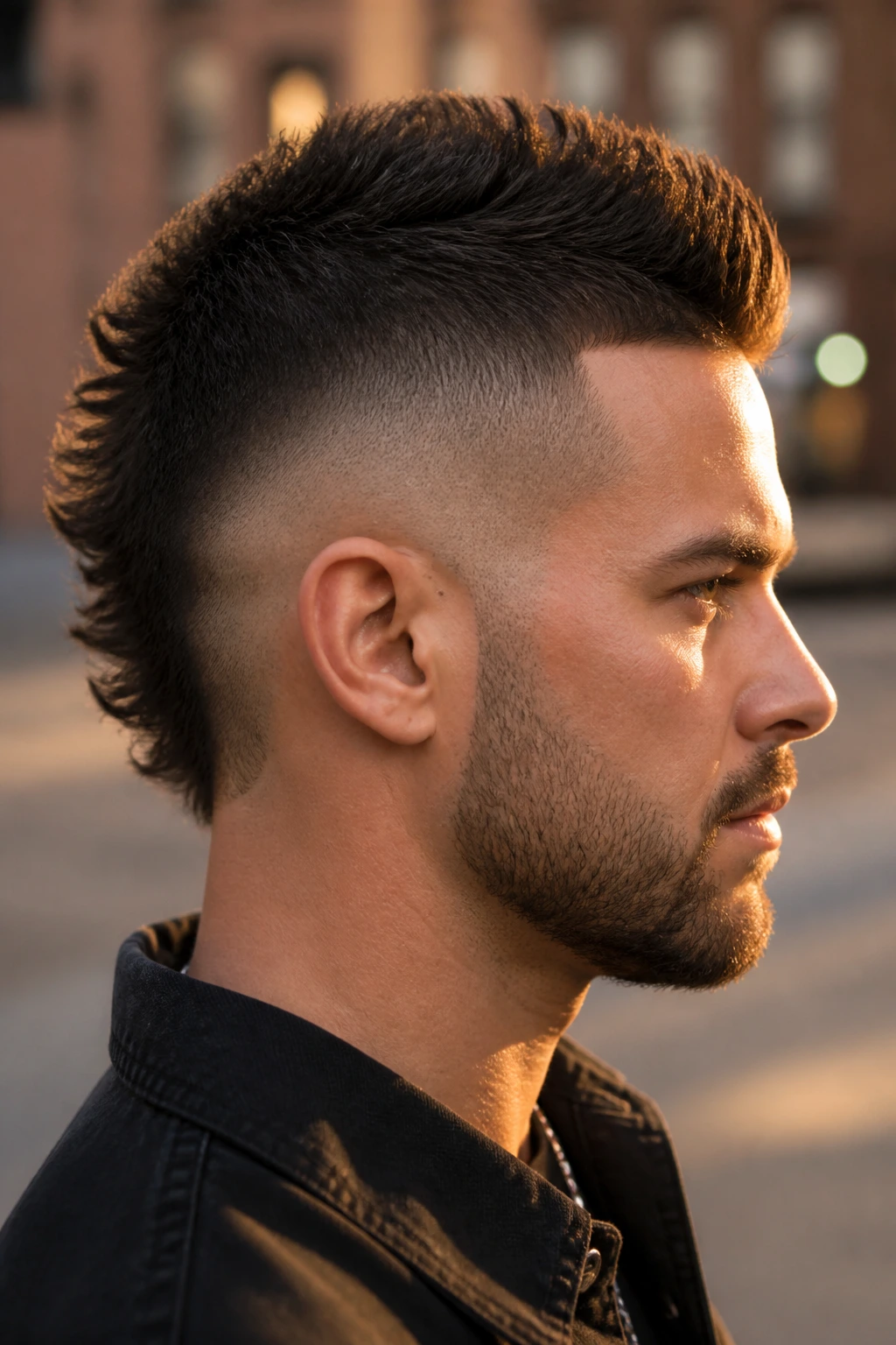 Close-up portrait of a real man with a burst fade mohawk outdoors