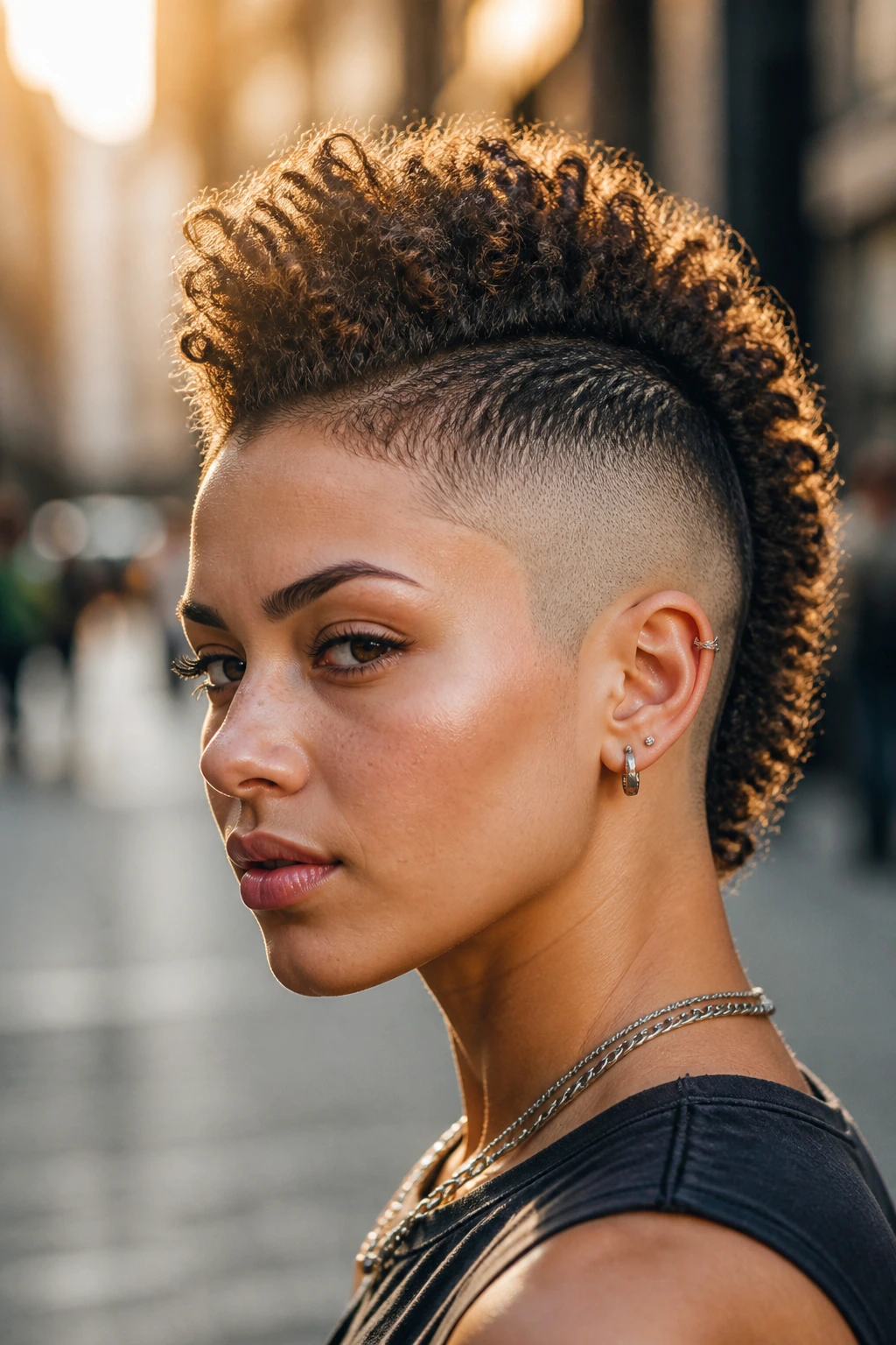 Close-up of a woman with a burst fade mohawk and rounded sides.