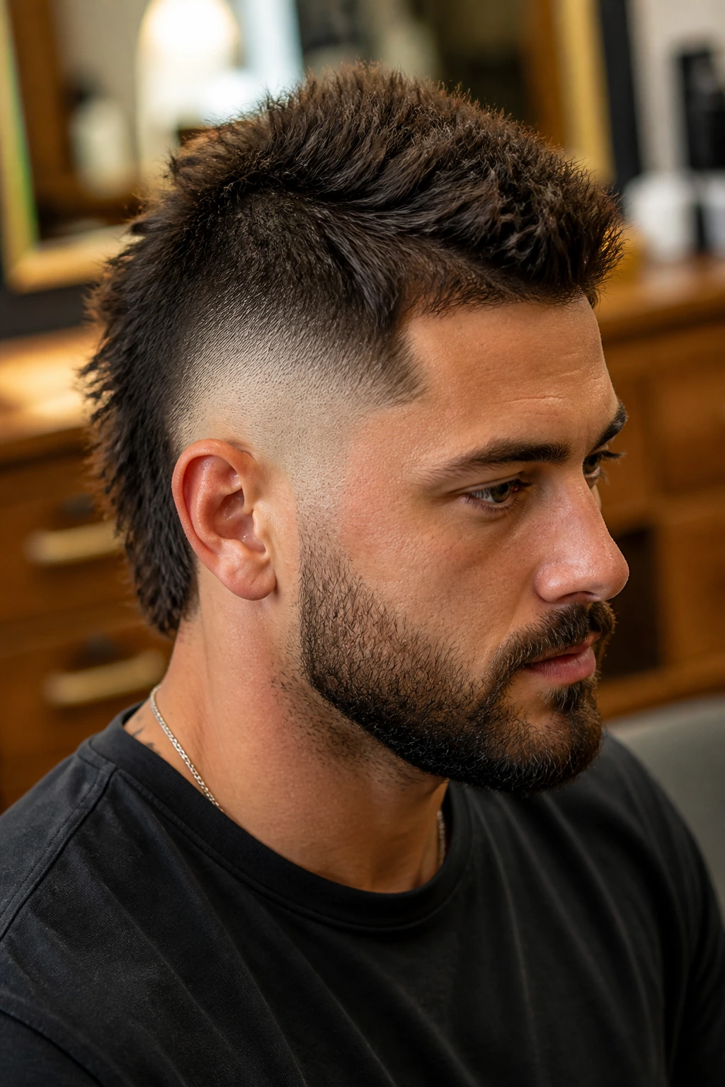 Close-up of a man with a burst fade Mohawk and textured strip in a barbershop