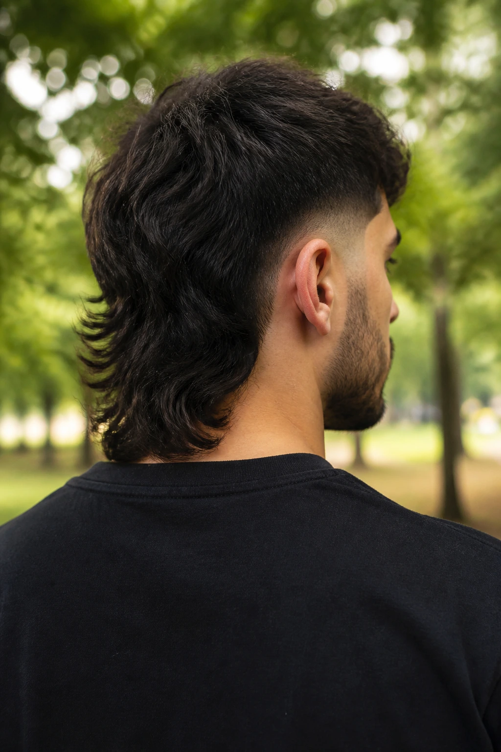 Real man with burst fade around ears and longer back outdoors