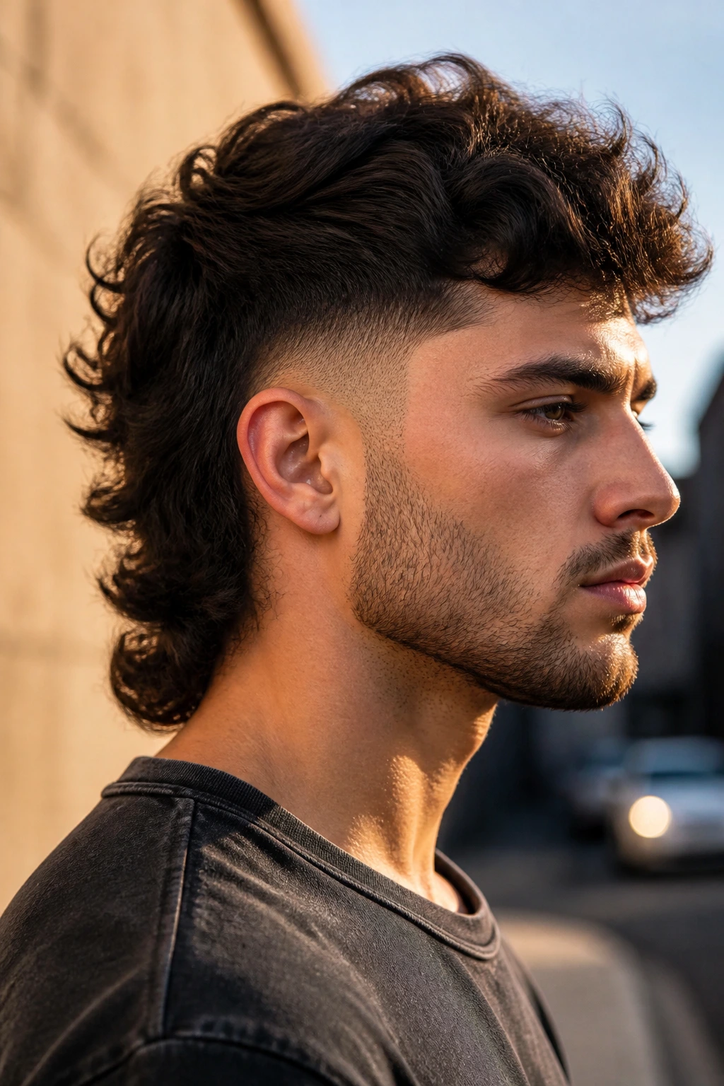 Profile shot of a man with a burst fade mullet in golden hour light.