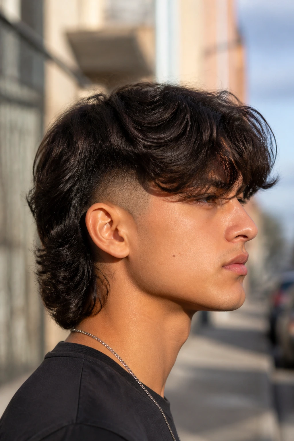 Close-up portrait of a real person with a burst fade mullet and heavy curtain bangs