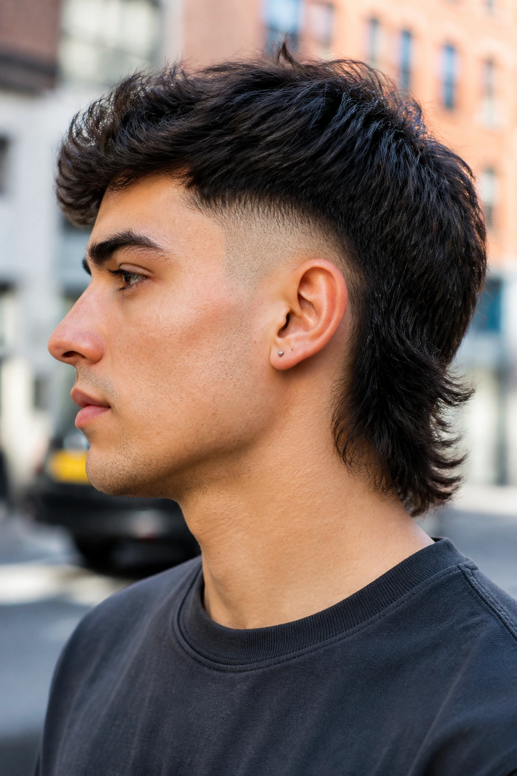 Portrait of real person with burst fade mullet in street setting under daylight.